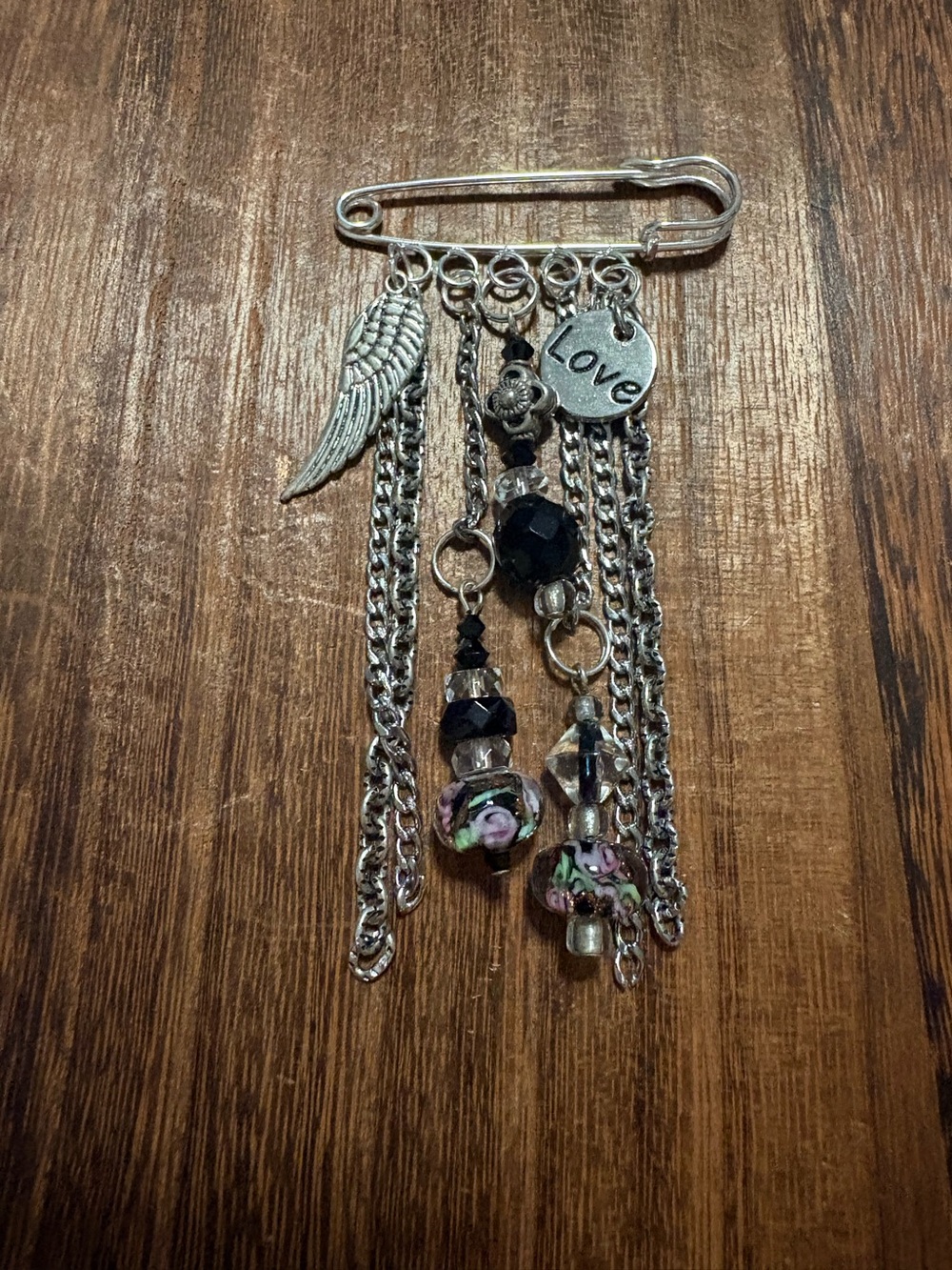 Handmade Silver-Tone Safety Pin Brooch with Black Beads and Pink Floral Accents